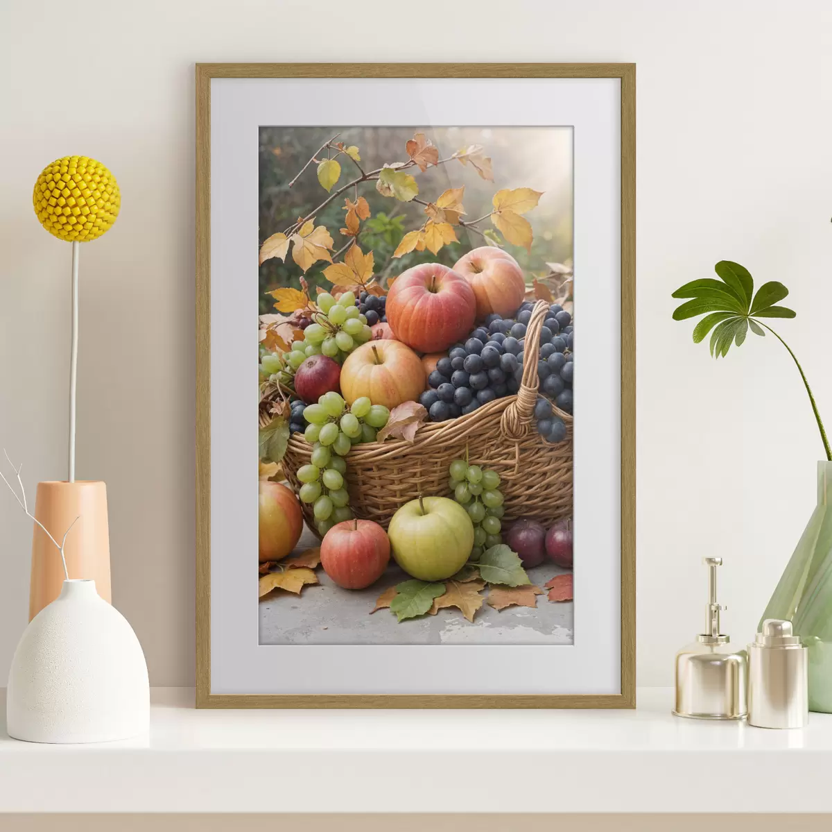 Poster Ein Korb mit verschiedenen Herbstfrüchten, darunter Äpfel, Trauben und Birnen, umgeben von abgefallenen Blättern f40409
