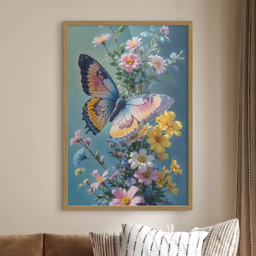 Fototapete Ein großer, bunter Schmetterling thront auf einem Strauß rosa und gelber Blumen vor einem dunkelgrünen Hintergrund f40411