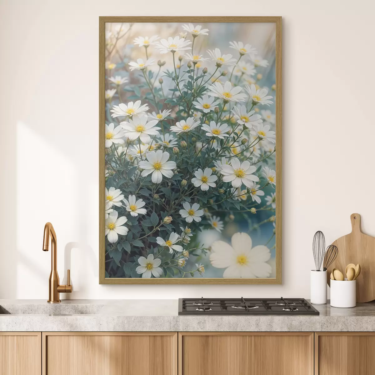 Poster Ein Feld aus weißen Gänseblümchen mit grünem Laub vor einem unscharfen Hintergrund f40413