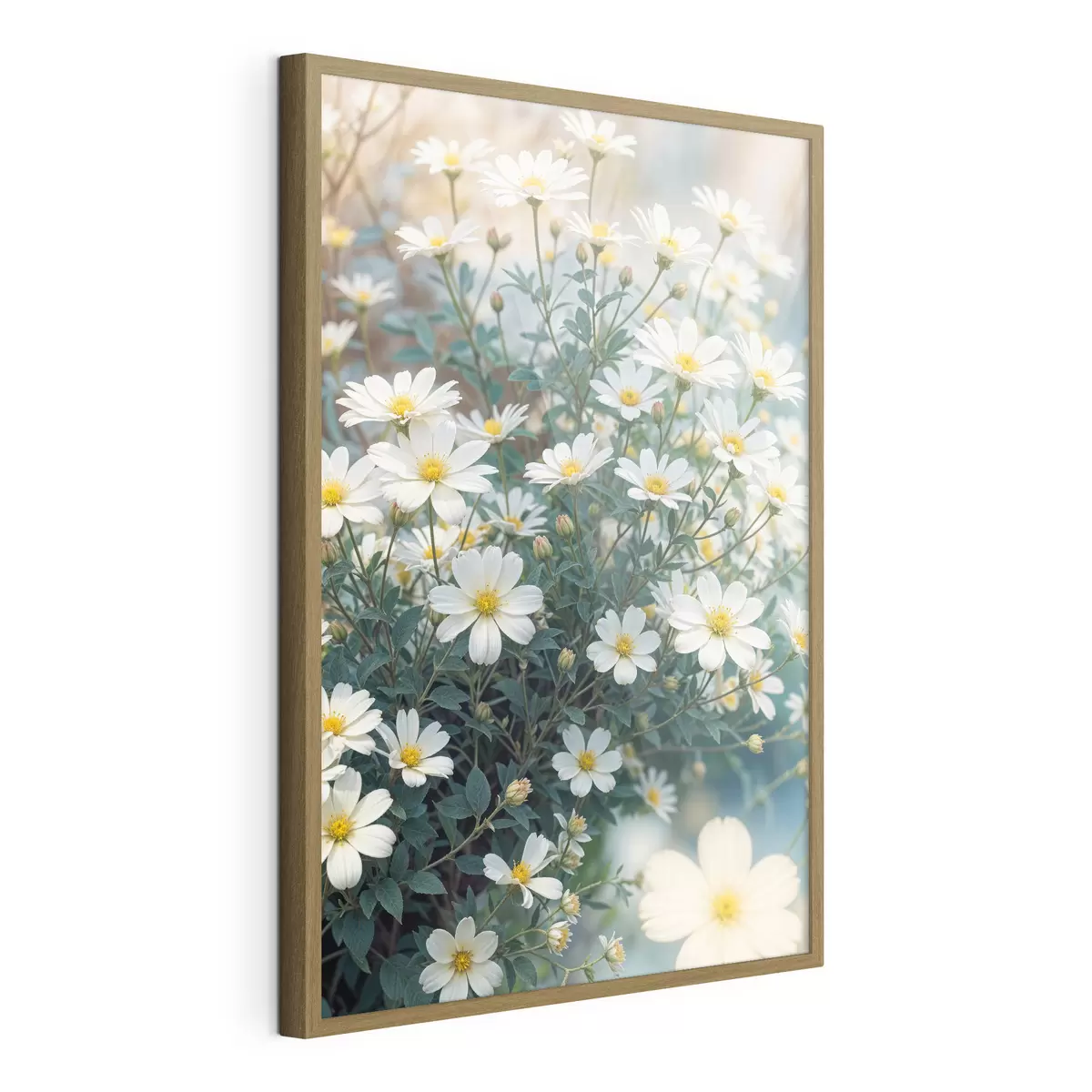Poster Ein Feld aus weißen Gänseblümchen mit grünem Laub vor einem unscharfen Hintergrund f40413