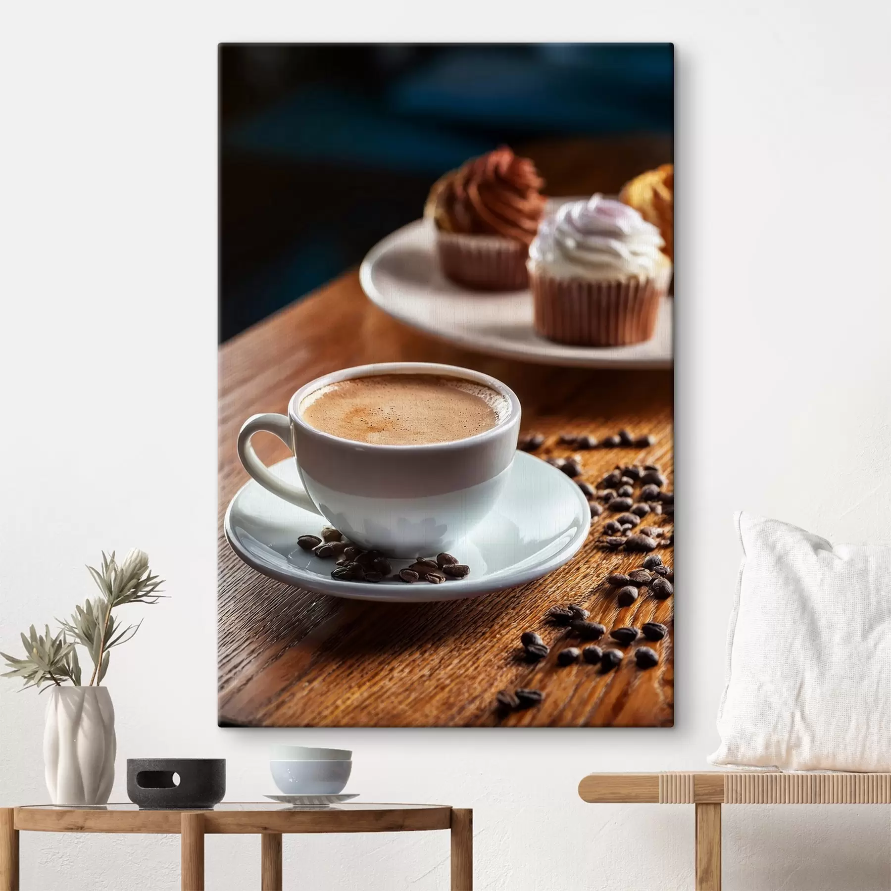 Fototapete Tasse Kaffee, Kaffeebohnen, Kuchen, Stillleben s40417