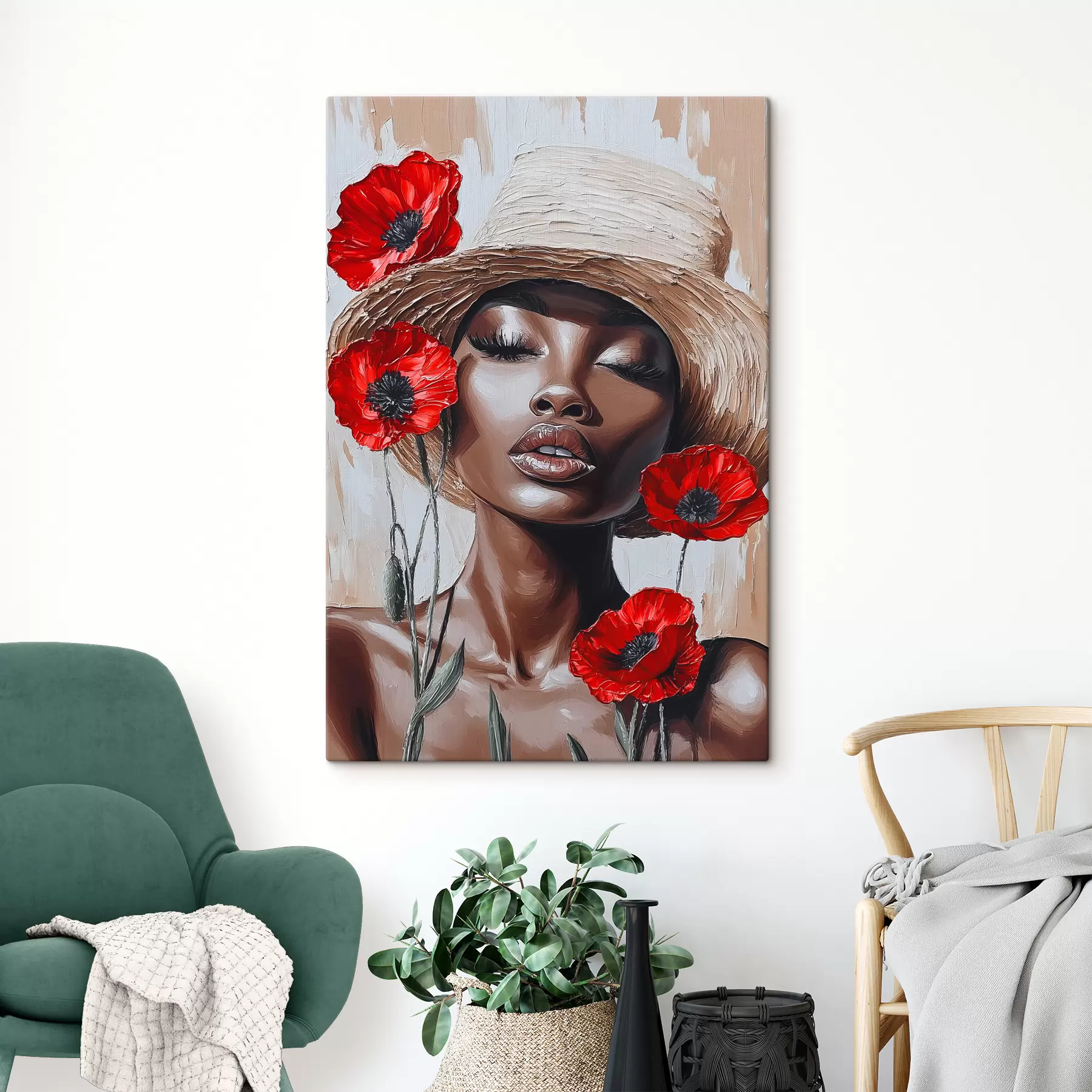 Fototapete Porträt einer Frau mit Hut und roten Mohnblumen s40350