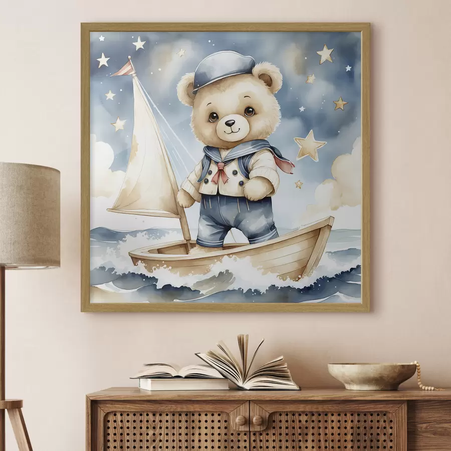 Fototapete Eine niedliche Aquarell Teddybär in einem Boot mit Sternen in den Himmel f40429