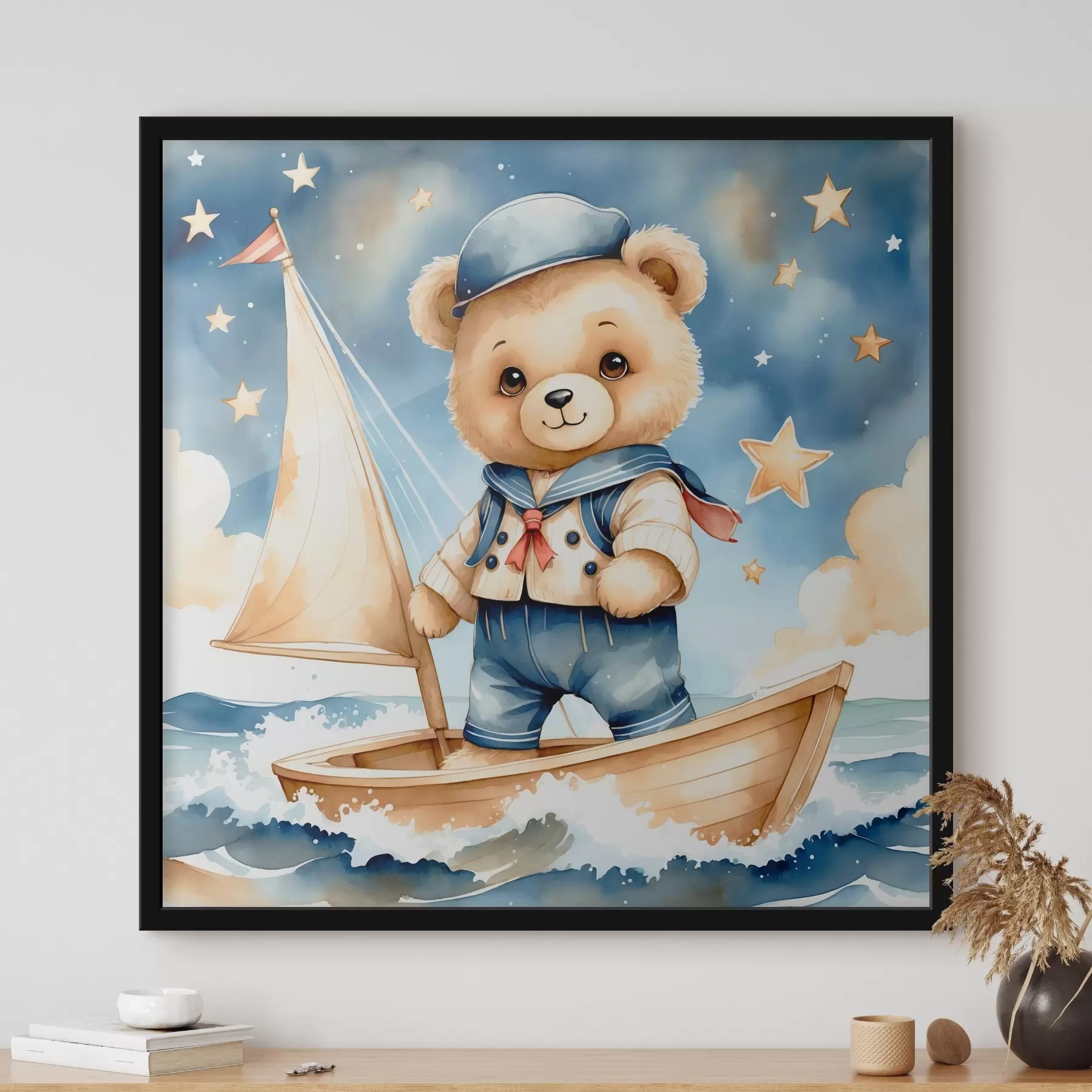 Fototapete Eine niedliche Aquarell Teddybär in einem Boot mit Sternen in den Himmel f40429
