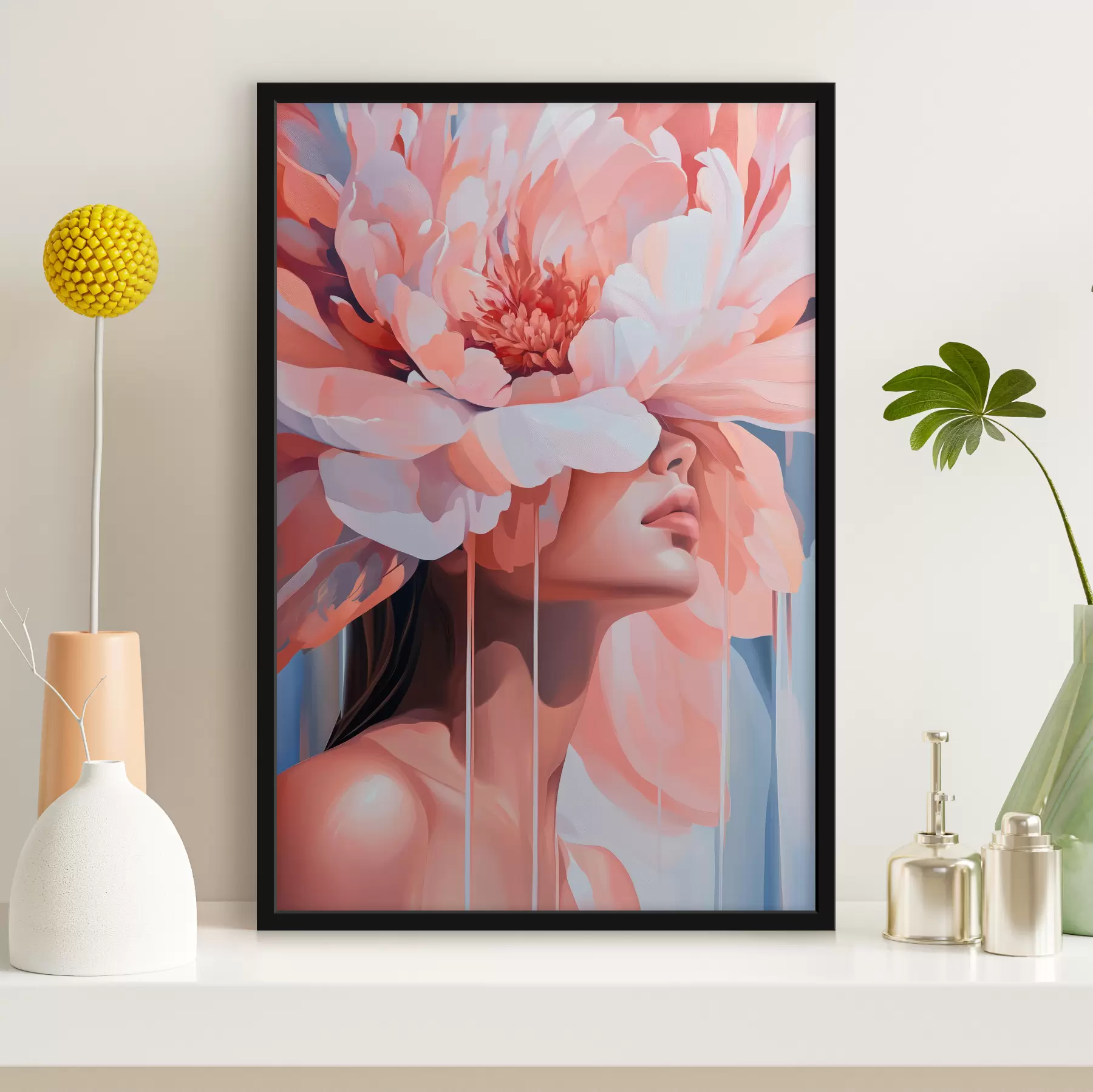 Fototapete Porträt einer Frau mit einer großen rosa Blume auf dem Kopf f40430