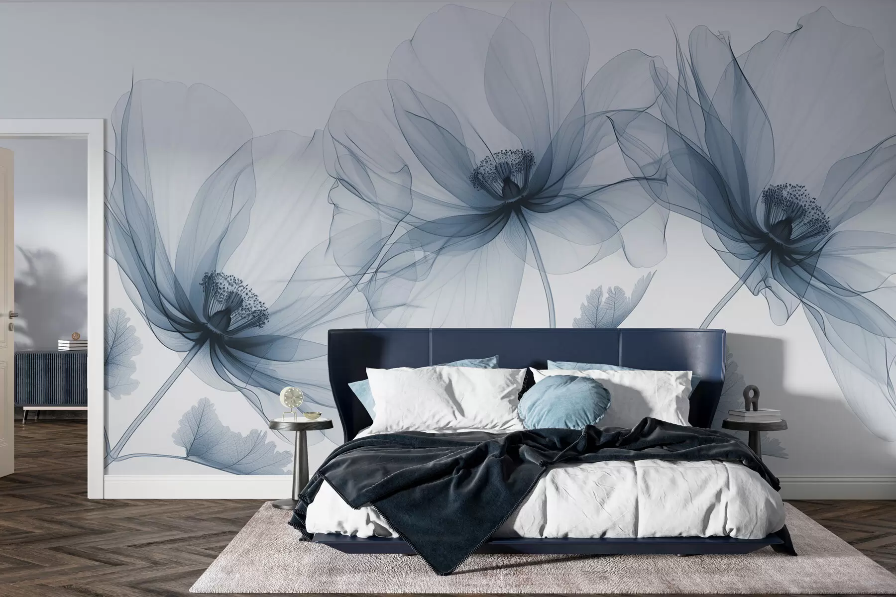 Fototapete Blaue transparente Blume im Röntgenstil auf weißem Hintergrund minimalistisches monochromes botanisches Design w01482v1