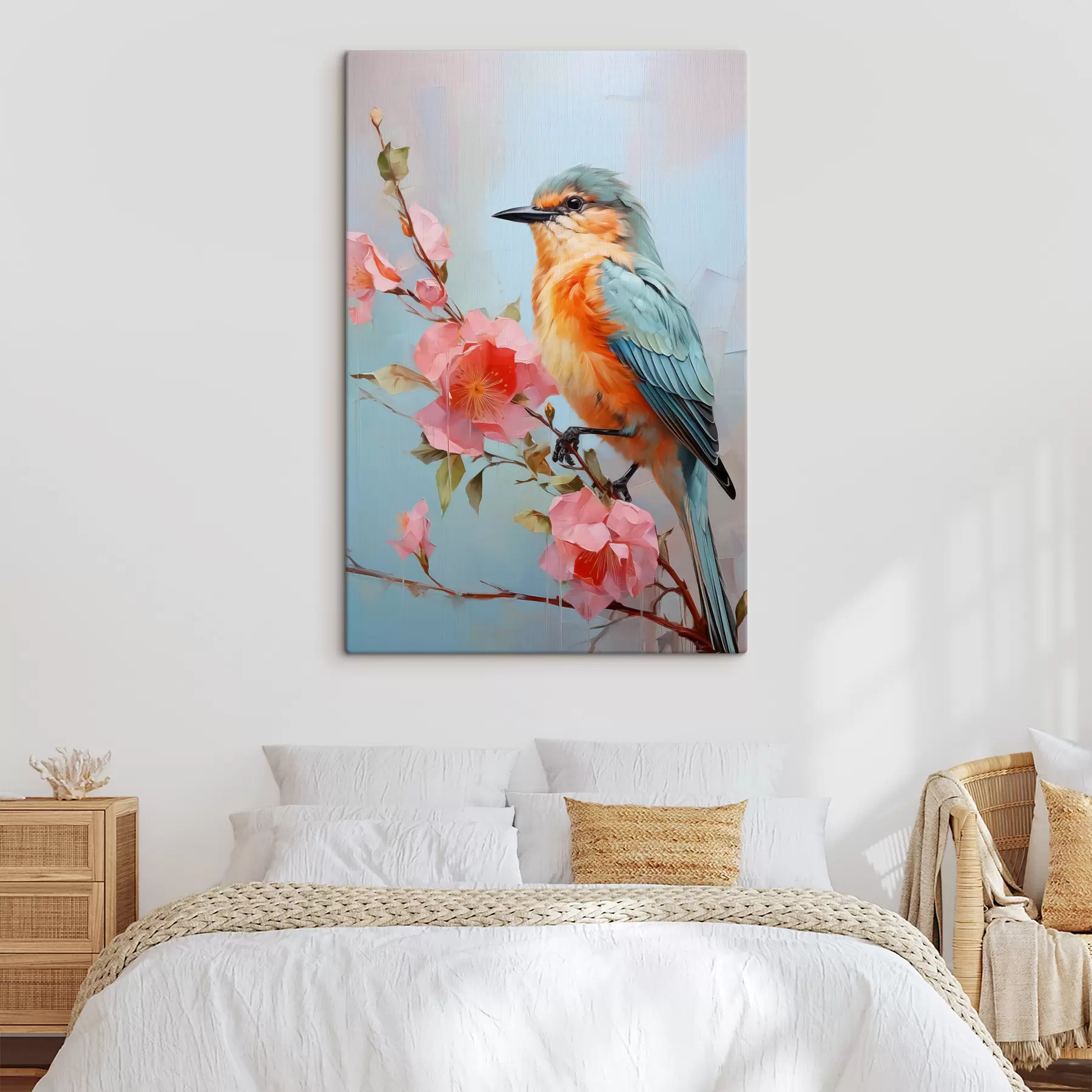 Fototapete Vogel sitzt auf einem Ast mit blühenden Blumen, blau, rosa, rot, orange, gelb s40489