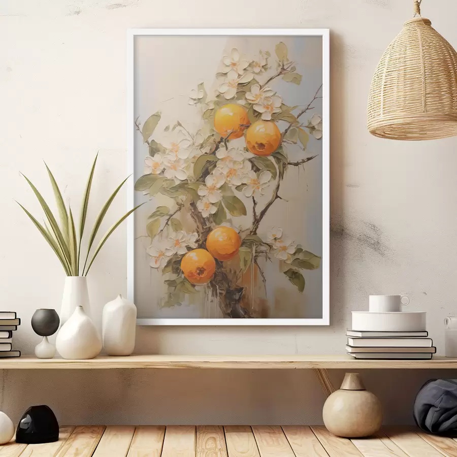 Fototapete Zweig mit weißen Blüten und Orangen auf graubeigem Hintergrund f40486