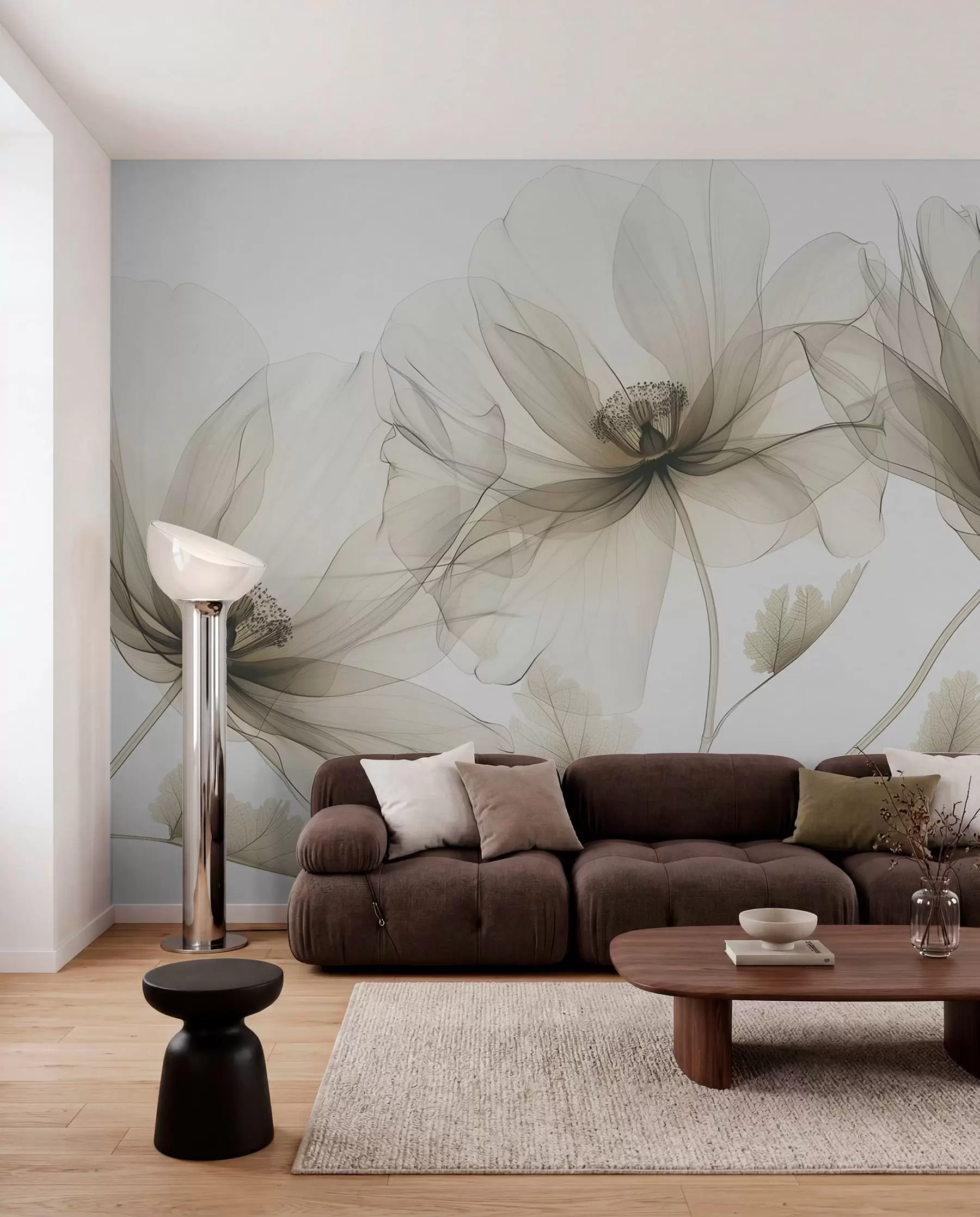 Fototapete Braune transparente Blume im Röntgenstil auf weißem Hintergrund minimalistisches monochromes botanisches Design w01482v2