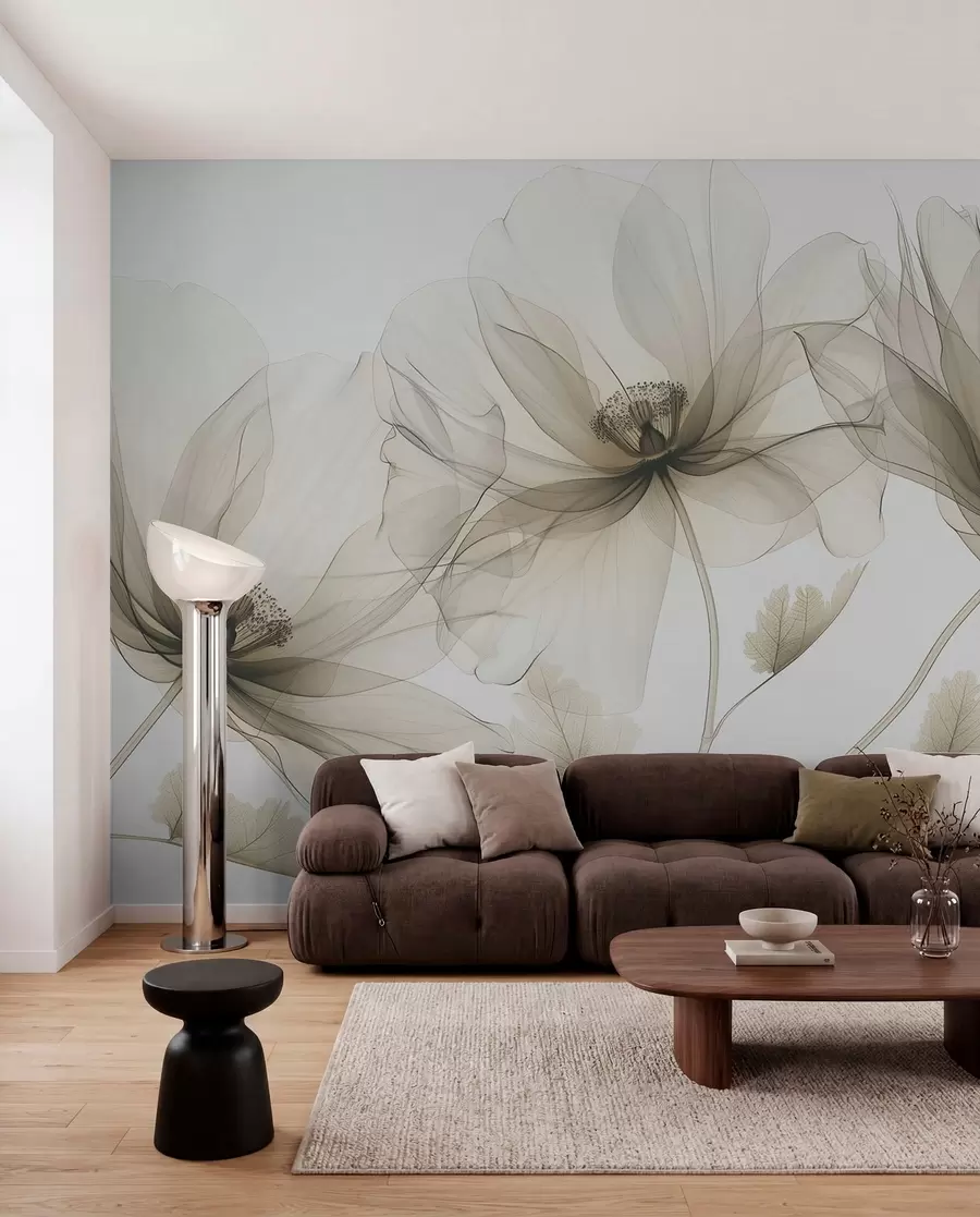 Fototapete Braune transparente Blume im Röntgenstil auf weißem Hintergrund minimalistisches monochromes botanisches Design w01482v2