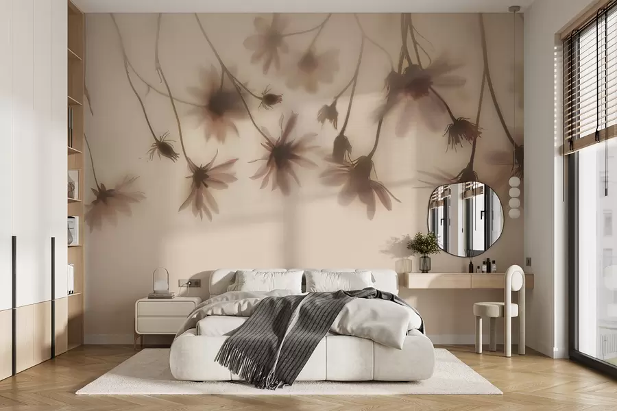 Fototapete Zarte Blüten im Nebel hängen von oben in rosa Farben w01469