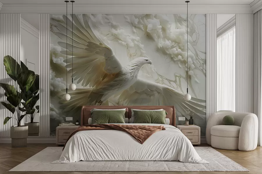 Fototapete 3D weißer Adler auf einem Hintergrund aus Wolken und Marmor w01477