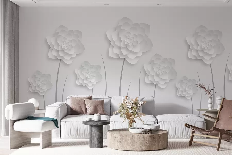 Fototapete Große Blüten mit Volumenimitation im Papierstil auf hellgrauem Hintergrund mit grauem Stiel w01021