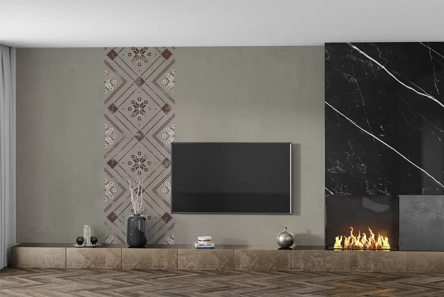 Fototapete Patriotische Strukturtapete mit minimalistischem Ornament im ukrainischen Stil in Brauntönen w01027v1