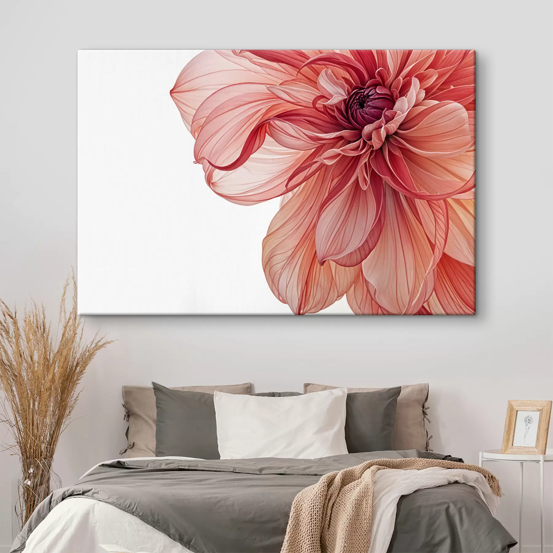 Fototapete Eine Nahaufnahme einer großen, leuchtend rosa Dahlienblüte mit zarten, geschichteten Blütenblättern und einer dunklen Mitte s40565
