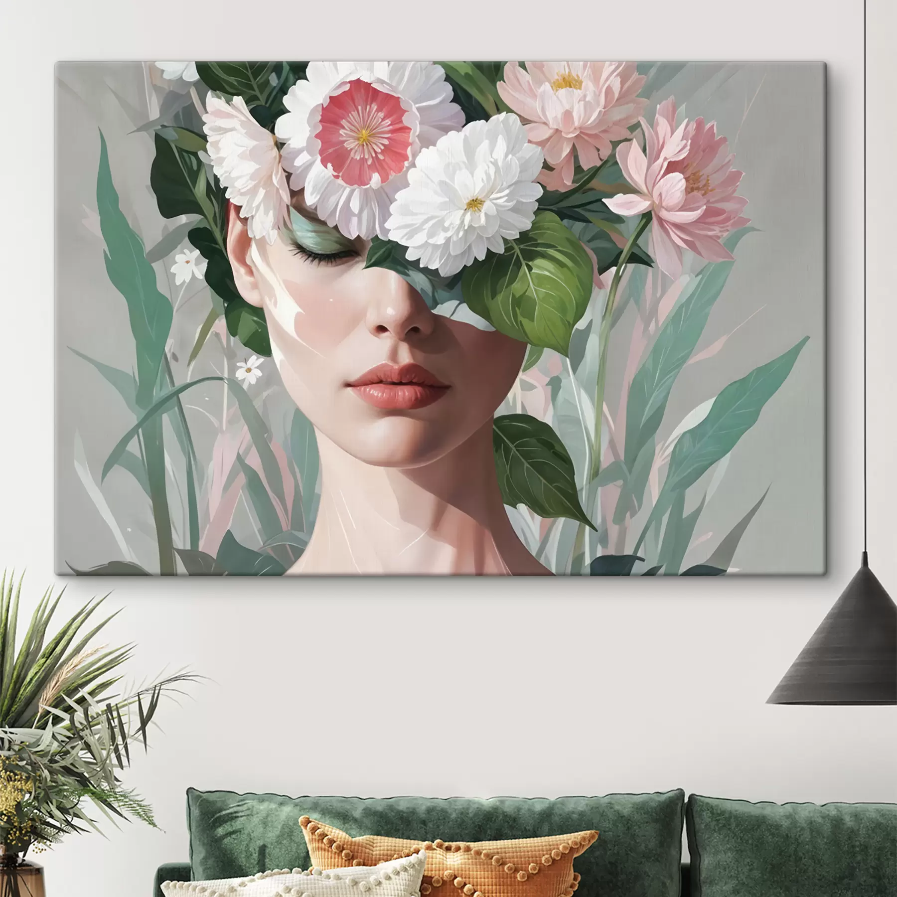 Fototapete Eine Frau, die teilweise durch einen Strauß großer rosa und weißer Blumen vor einem grünen, belaubten Hintergrund verdeckt wird s40567