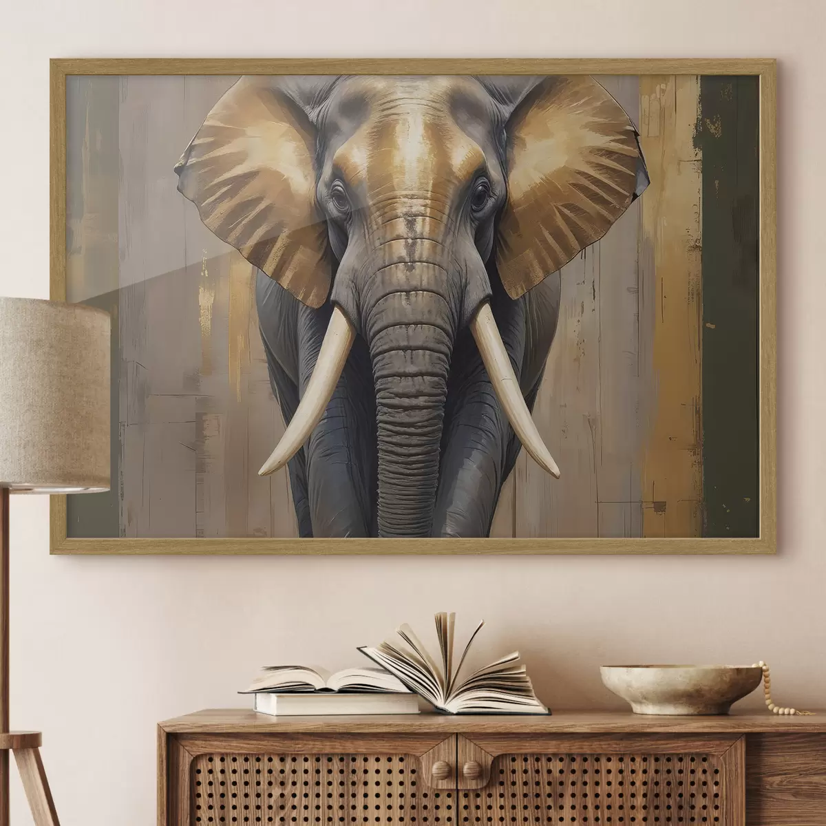 Poster Ein großes strukturiertes afrikanisches Elefantengemälde mit Elfenbeinstoßzähnen und ausgestellten Ohren vor einem hölzernen Hintergrund f40544