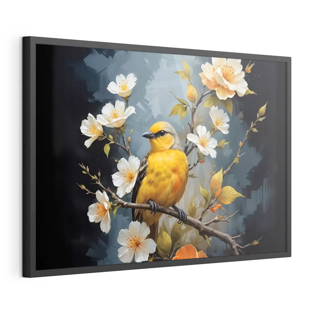 Poster Ein gelber Vogel auf einem Ast mit weißen und orangefarbenen Blüten im Hintergrund f40550
