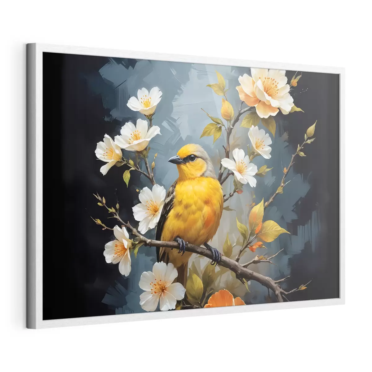 Poster Ein gelber Vogel auf einem Ast mit weißen und orangefarbenen Blüten im Hintergrund f40550