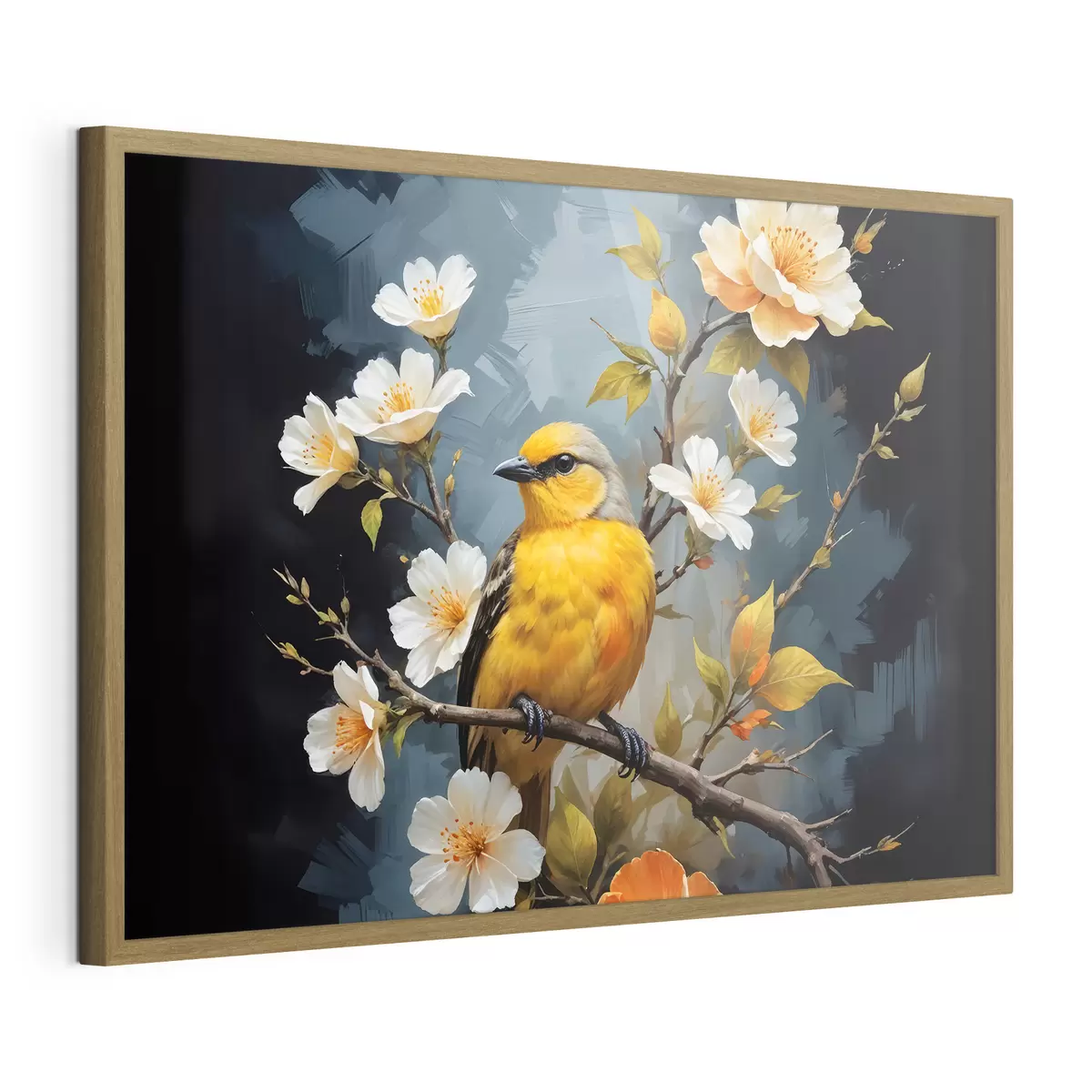 Poster Ein gelber Vogel auf einem Ast mit weißen und orangefarbenen Blüten im Hintergrund f40550