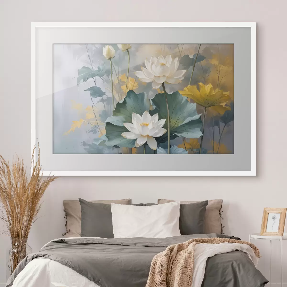 Poster Weiße Lotusblüten in einem Teich mit grünen Seerosenblättern, umgeben von gelben Blüten und einem unscharfen Hintergrund f40559