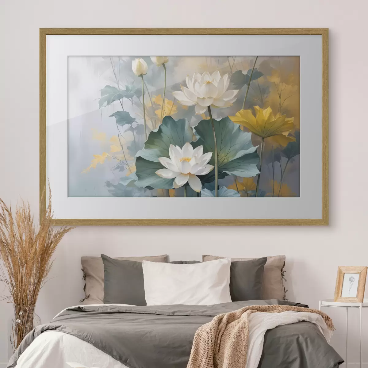Poster Weiße Lotusblüten in einem Teich mit grünen Seerosenblättern, umgeben von gelben Blüten und einem unscharfen Hintergrund f40559