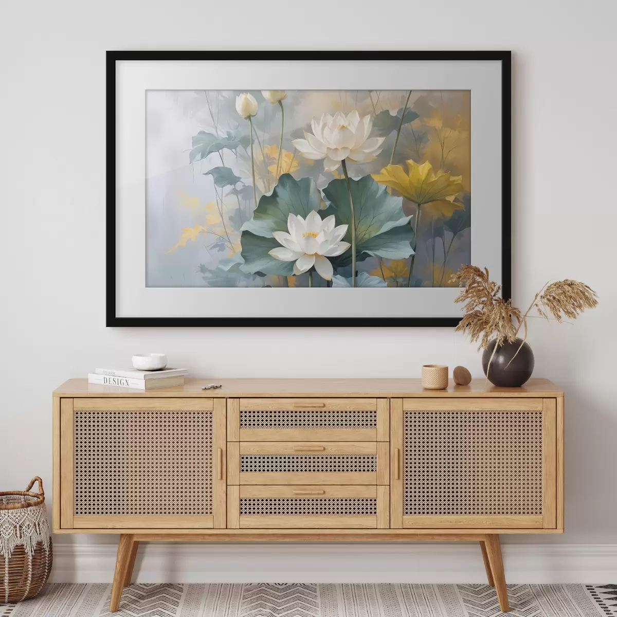 Poster Weiße Lotusblüten in einem Teich mit grünen Seerosenblättern, umgeben von gelben Blüten und einem unscharfen Hintergrund f40559