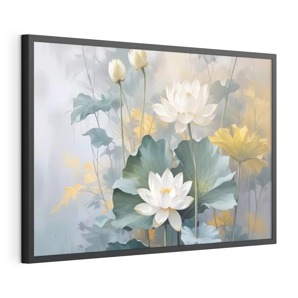Poster Weiße Lotusblüten in einem Teich mit grünen Seerosenblättern, umgeben von gelben Blüten und einem unscharfen Hintergrund f40559