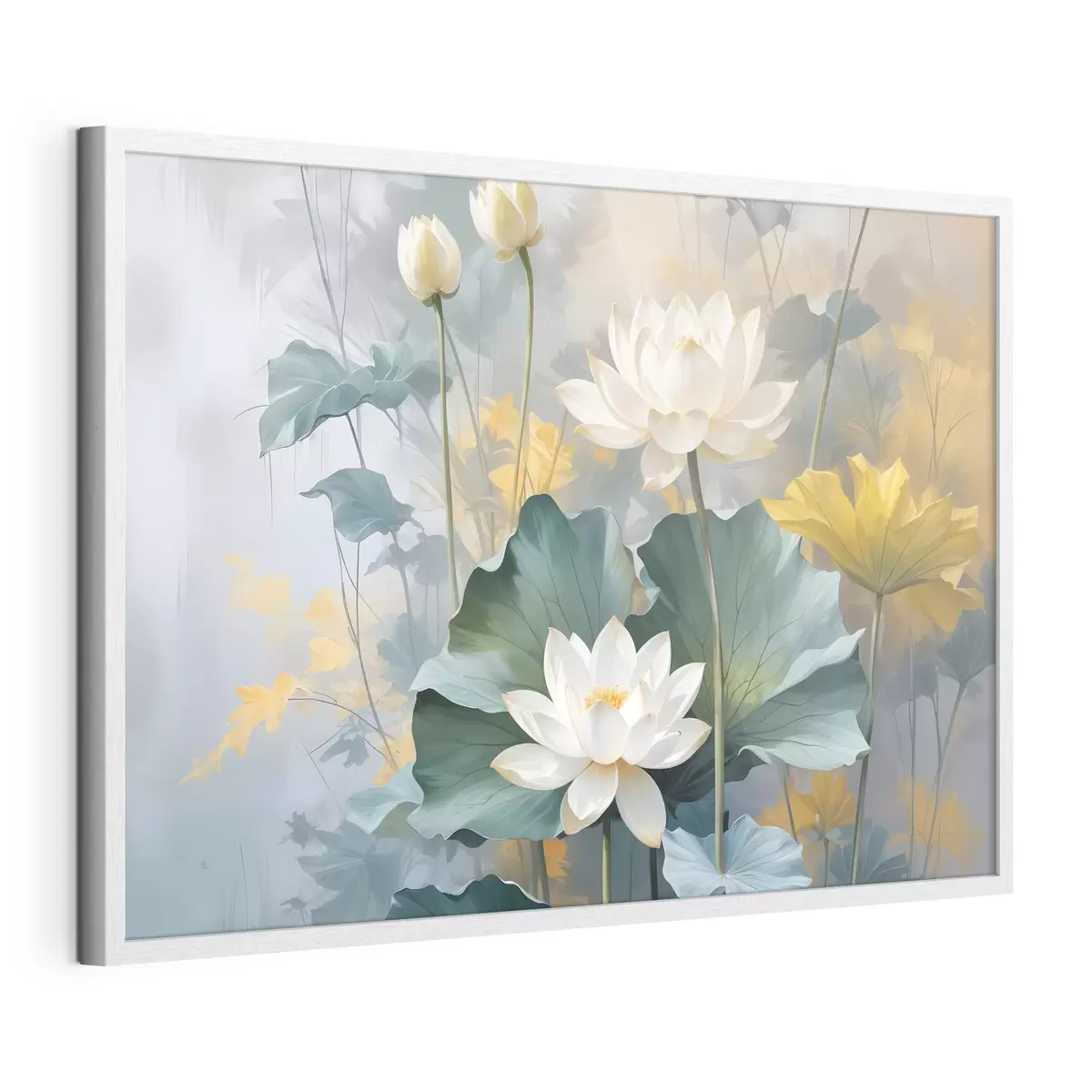 Poster Weiße Lotusblüten in einem Teich mit grünen Seerosenblättern, umgeben von gelben Blüten und einem unscharfen Hintergrund f40559