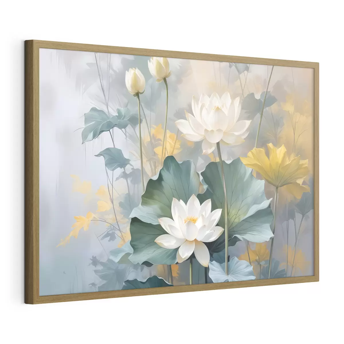 Poster Weiße Lotusblüten in einem Teich mit grünen Seerosenblättern, umgeben von gelben Blüten und einem unscharfen Hintergrund f40559
