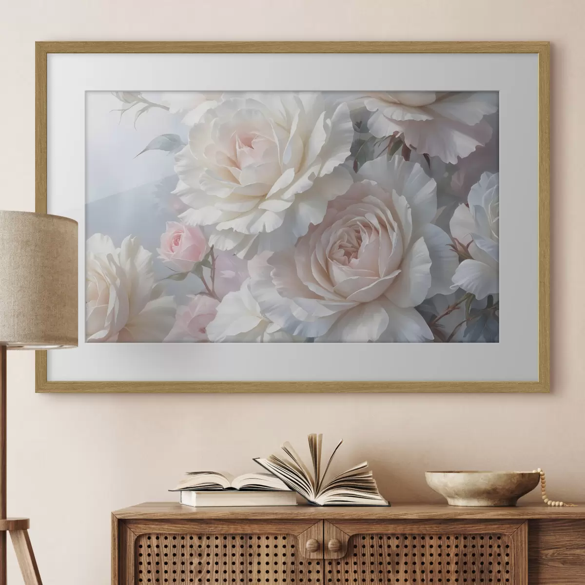 Poster Weiche, zarte weiße und rosa Rosen mit unscharfem Hintergrund f40562