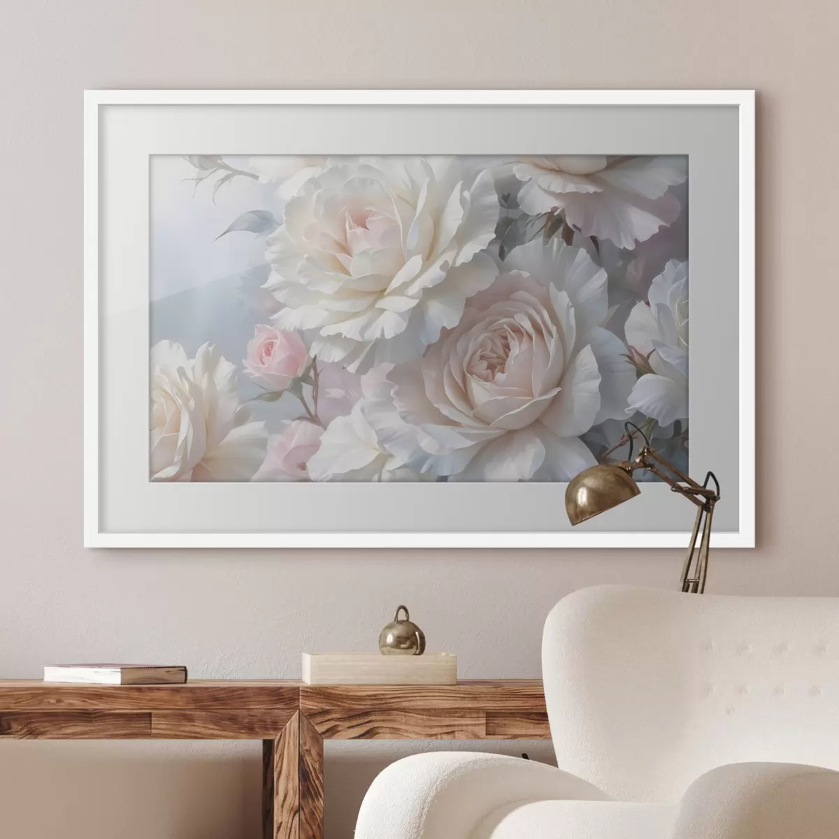 Poster Weiche, zarte weiße und rosa Rosen mit unscharfem Hintergrund f40562