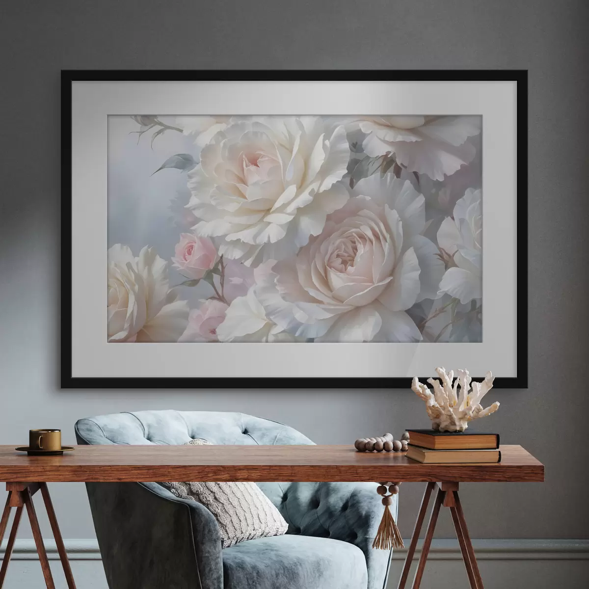 Poster Weiche, zarte weiße und rosa Rosen mit unscharfem Hintergrund f40562