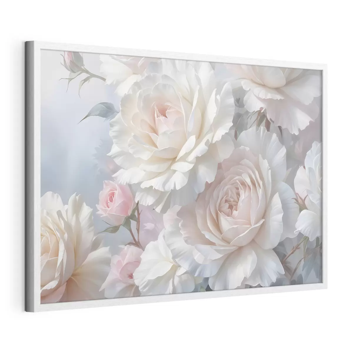 Poster Weiche, zarte weiße und rosa Rosen mit unscharfem Hintergrund f40562