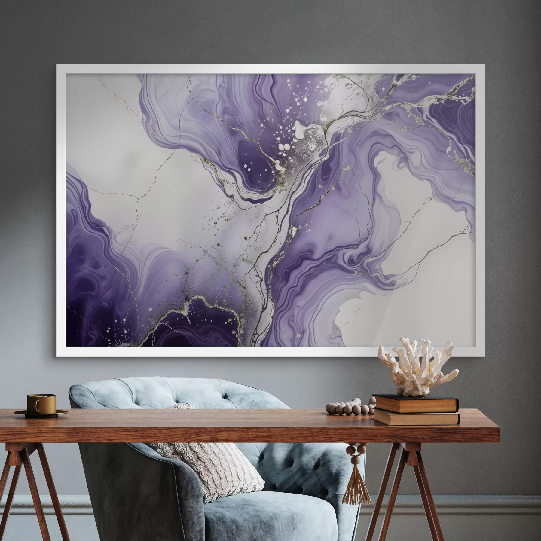 Fototapete Abstrakter Fluid-Art-Kompositionsdruck mit wirbelnder violetter, weißer und grauer Tinte f40566
