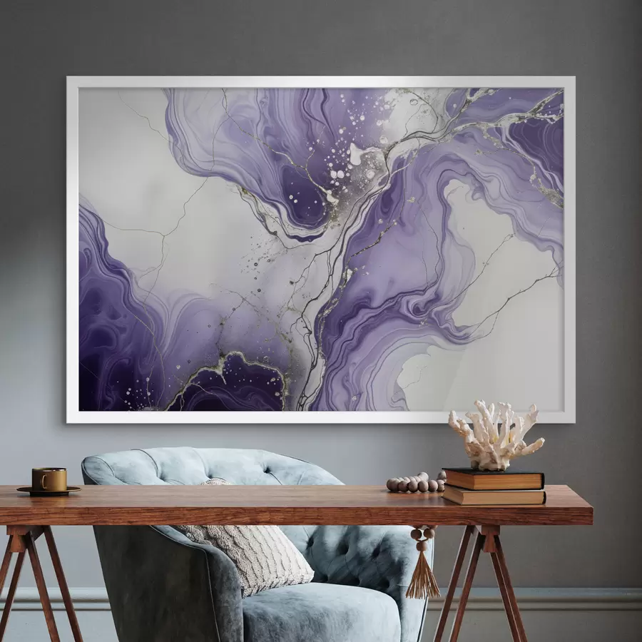 Fototapete Abstrakter Fluid-Art-Kompositionsdruck mit wirbelnder violetter, weißer und grauer Tinte f40566