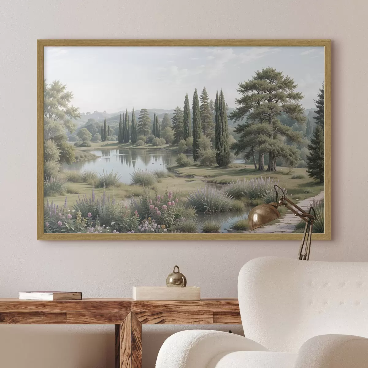 Poster Eine ruhige Landschaft mit einem ruhigen See, umgeben von Kiefern, Zypressen und anderer üppiger Vegetation f40579