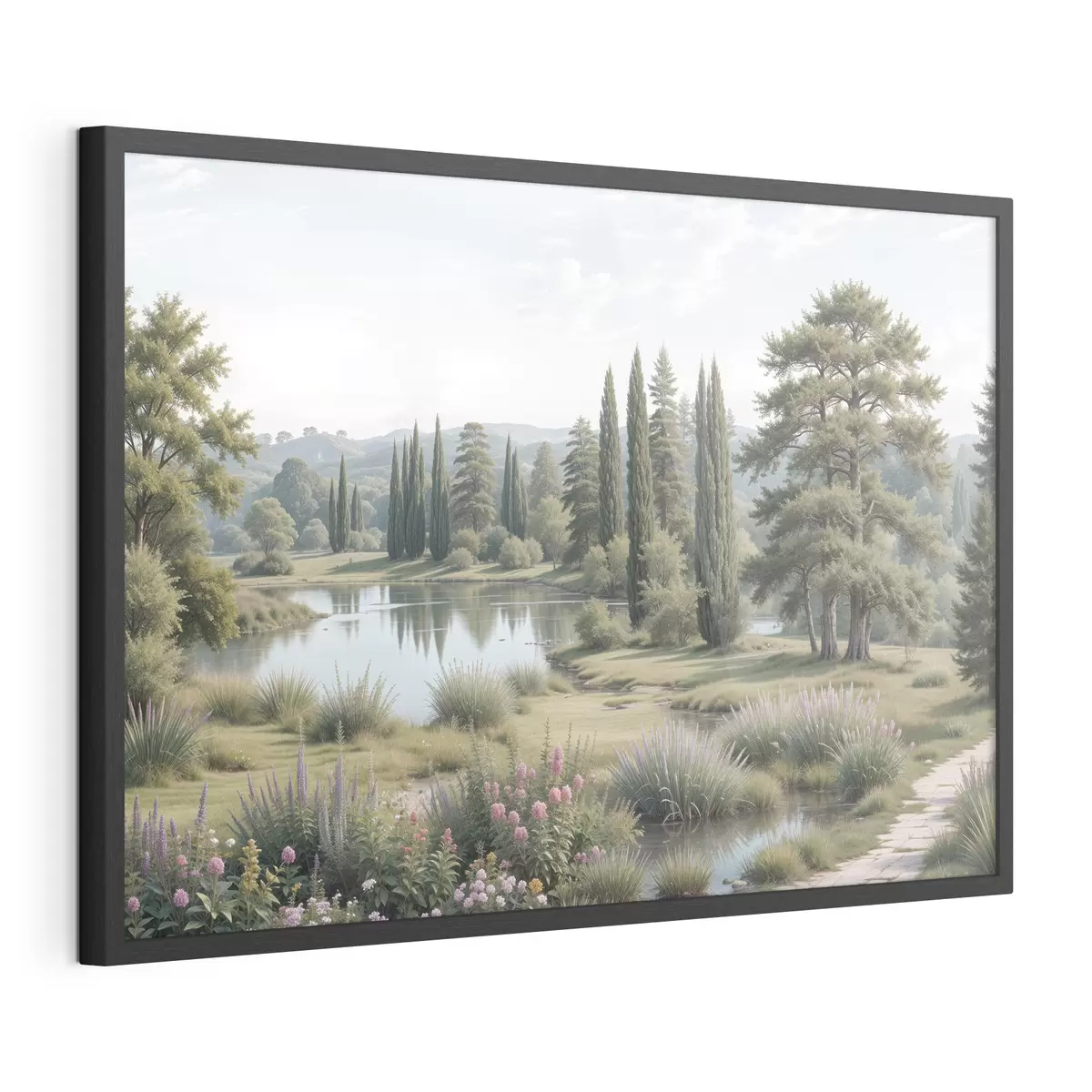 Poster Eine ruhige Landschaft mit einem ruhigen See, umgeben von Kiefern, Zypressen und anderer üppiger Vegetation f40579