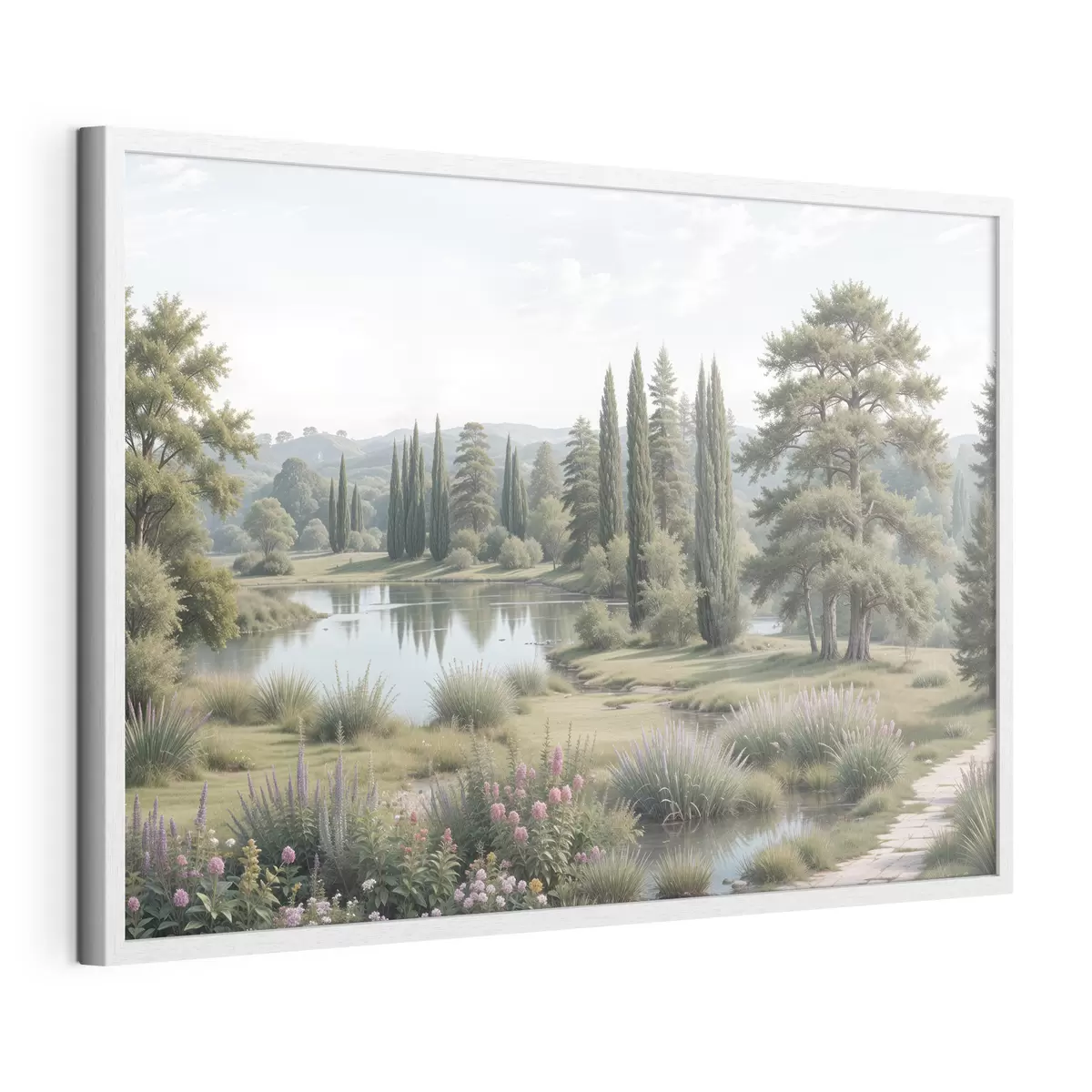 Poster Eine ruhige Landschaft mit einem ruhigen See, umgeben von Kiefern, Zypressen und anderer üppiger Vegetation f40579