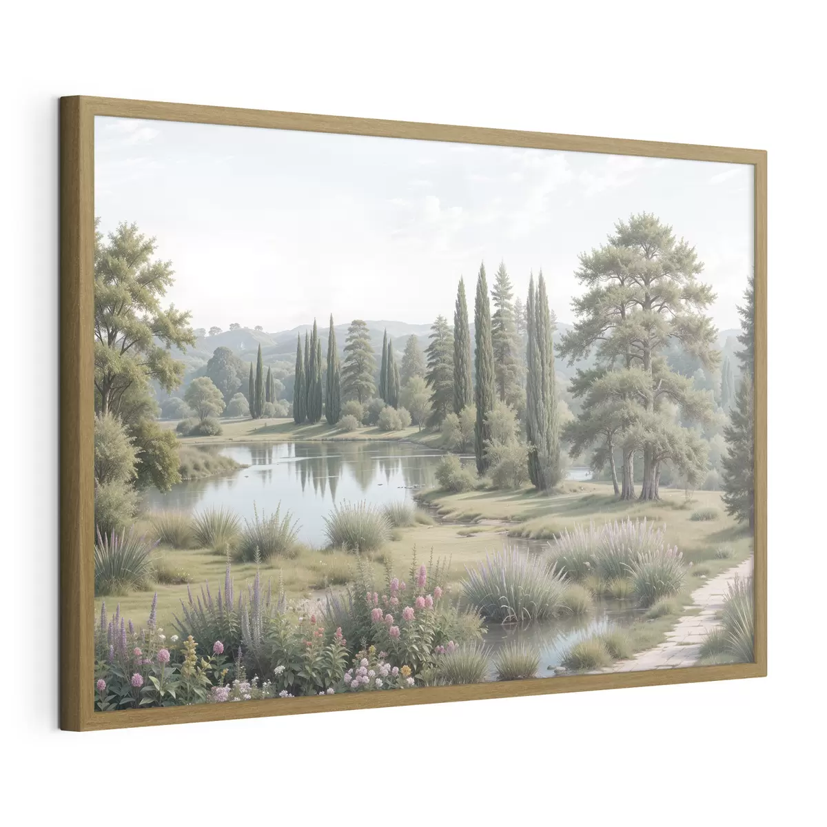 Poster Eine ruhige Landschaft mit einem ruhigen See, umgeben von Kiefern, Zypressen und anderer üppiger Vegetation f40579