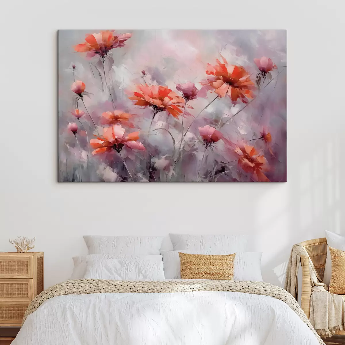 Fototapete Abstrakte Blumen, Nachahmung von Pinselstrichen, rot, grau, lila, orange Farbe s40528