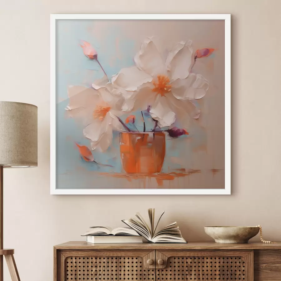 Fototapete Narzissen in einer Vase, weiß, orange, beige, blau f40520