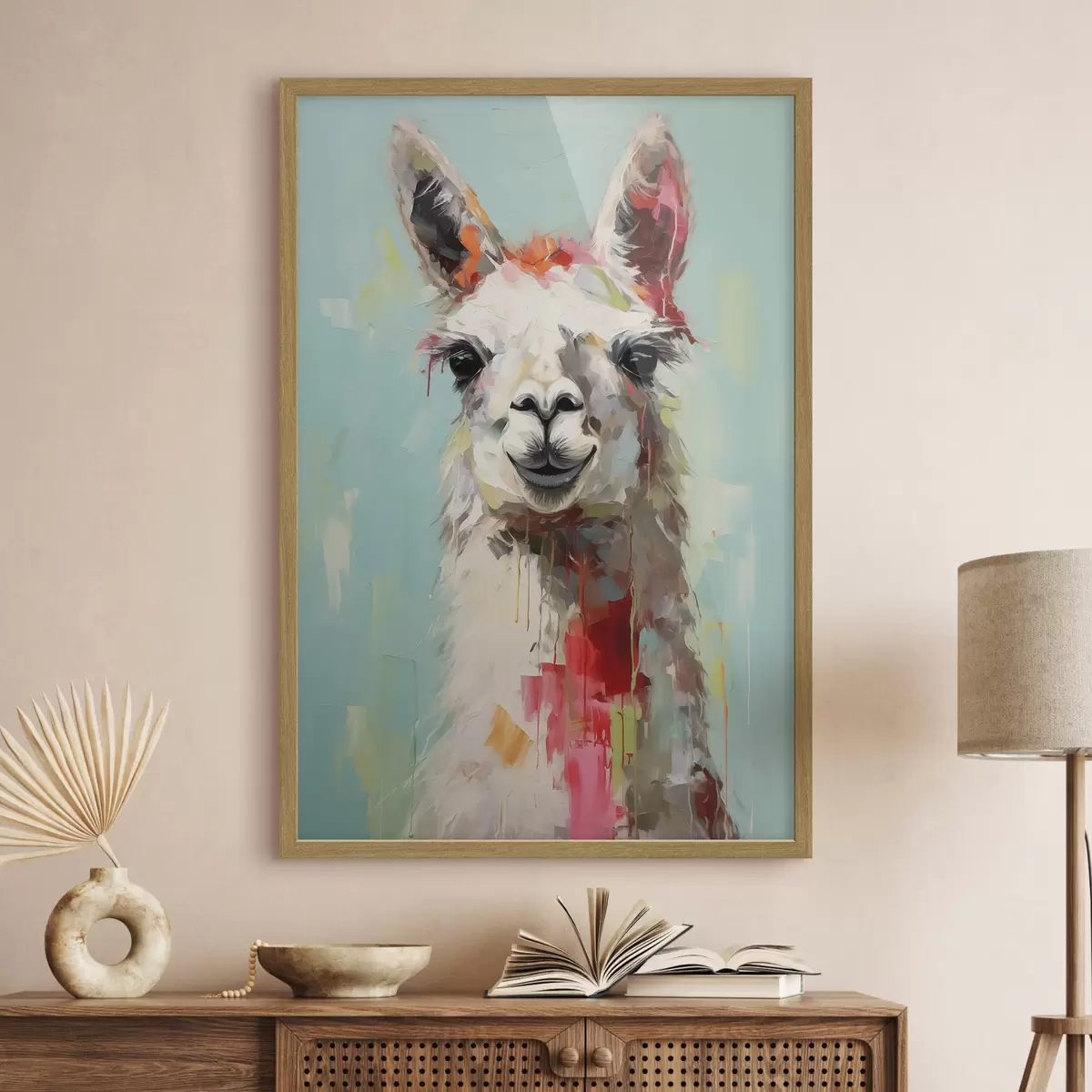 Poster Weißes Lama mit Farbflecken auf pastellblau-grauem Hintergrund f40523