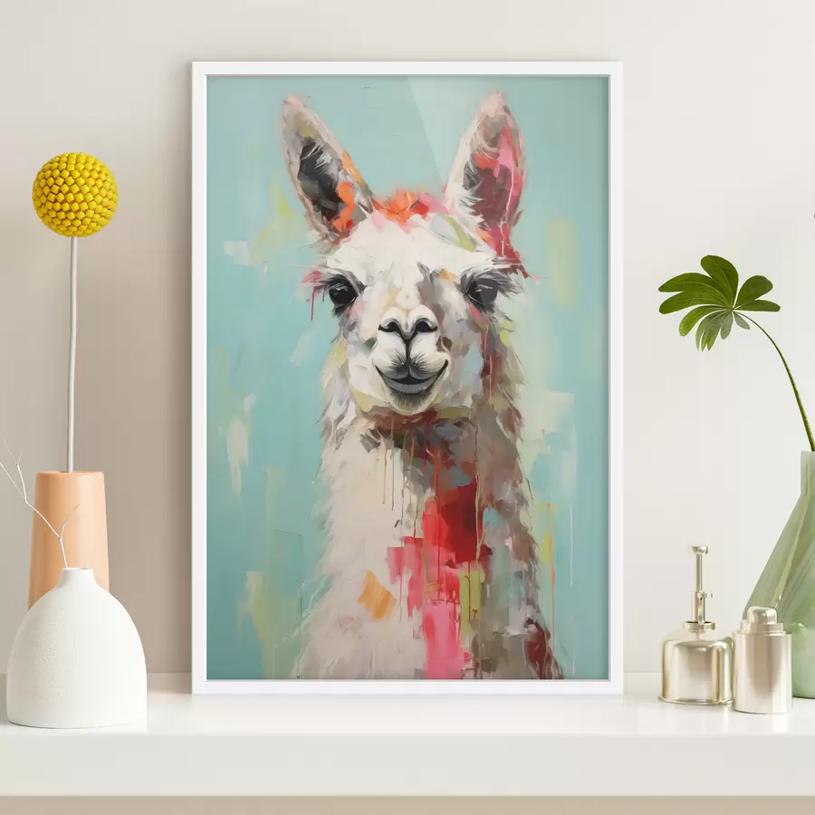 Fototapete Weißes Lama mit Farbflecken auf pastellblau-grauem Hintergrund f40523