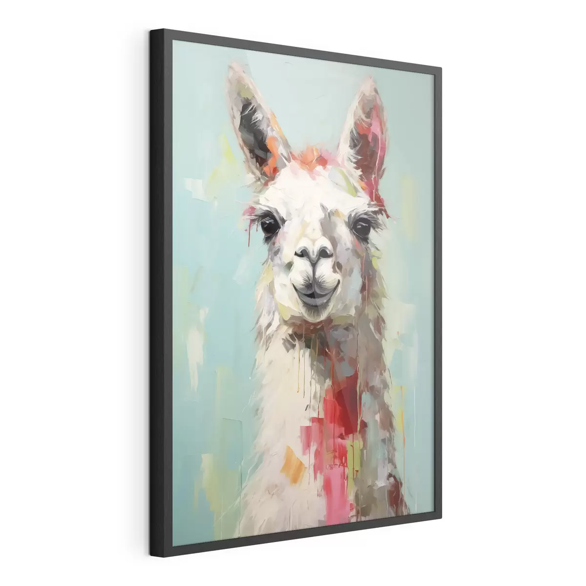 Poster Weißes Lama mit Farbflecken auf pastellblau-grauem Hintergrund f40523