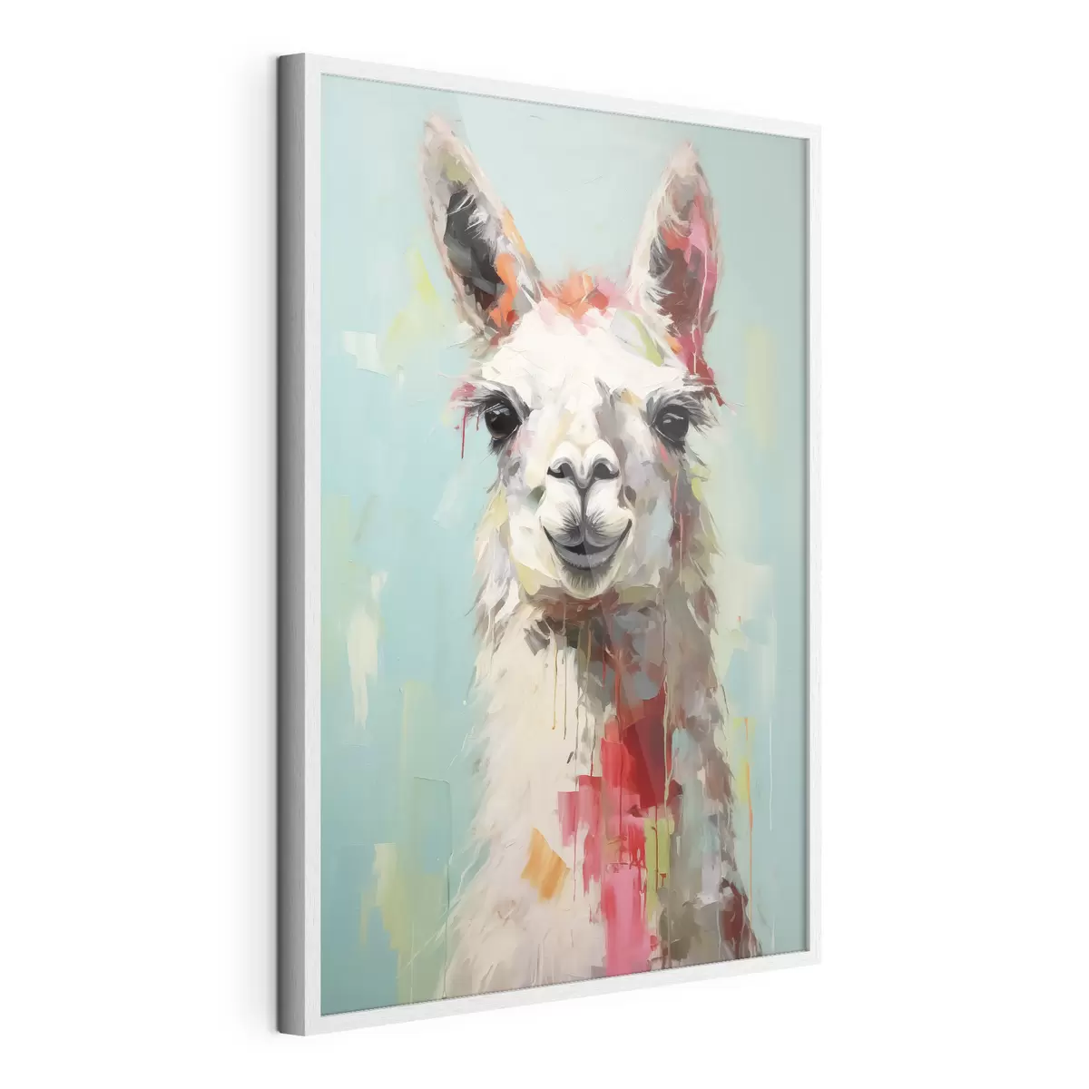Poster Weißes Lama mit Farbflecken auf pastellblau-grauem Hintergrund f40523