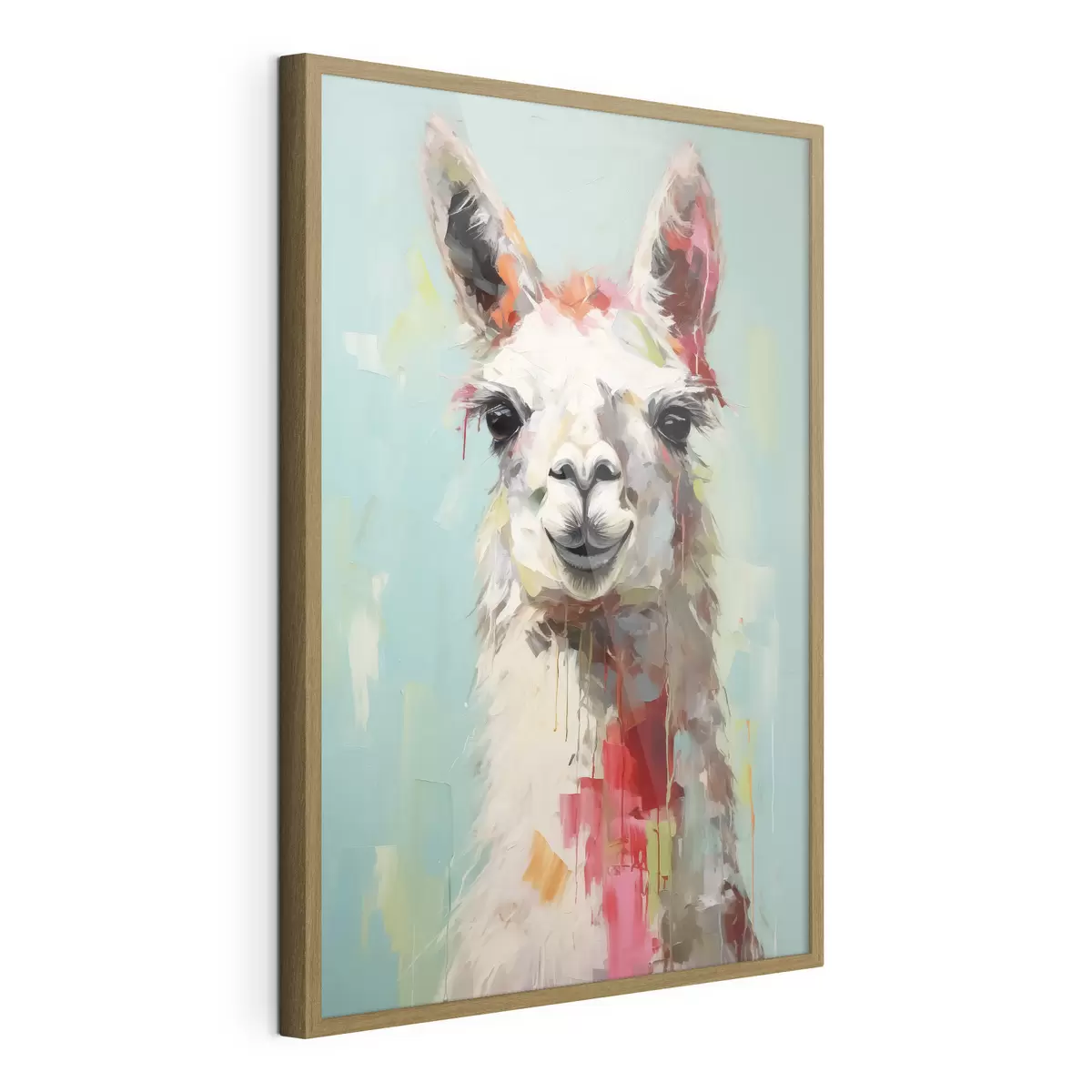 Poster Weißes Lama mit Farbflecken auf pastellblau-grauem Hintergrund f40523