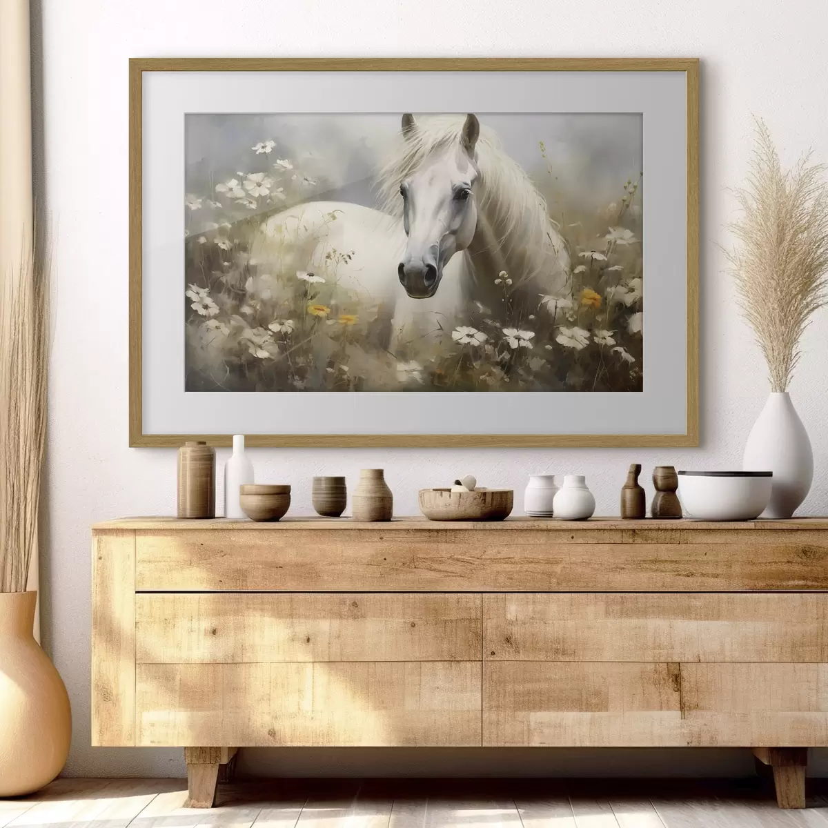 Poster Weißes Pferd im Gras zwischen Gänseblümchen f40533