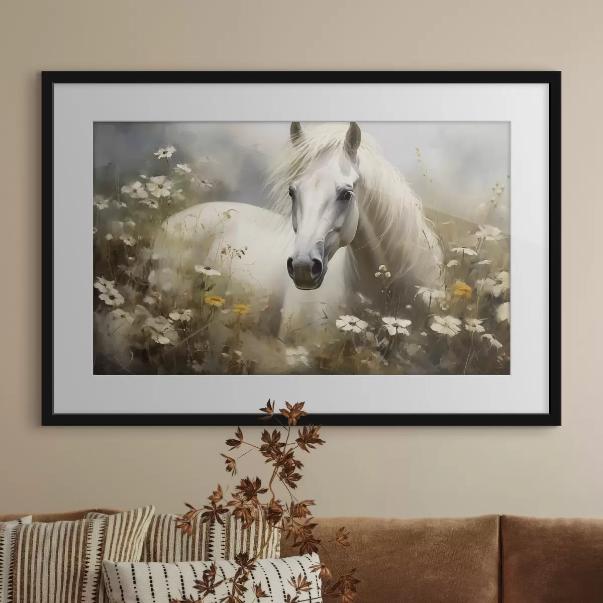 Poster Weißes Pferd im Gras zwischen Gänseblümchen f40533