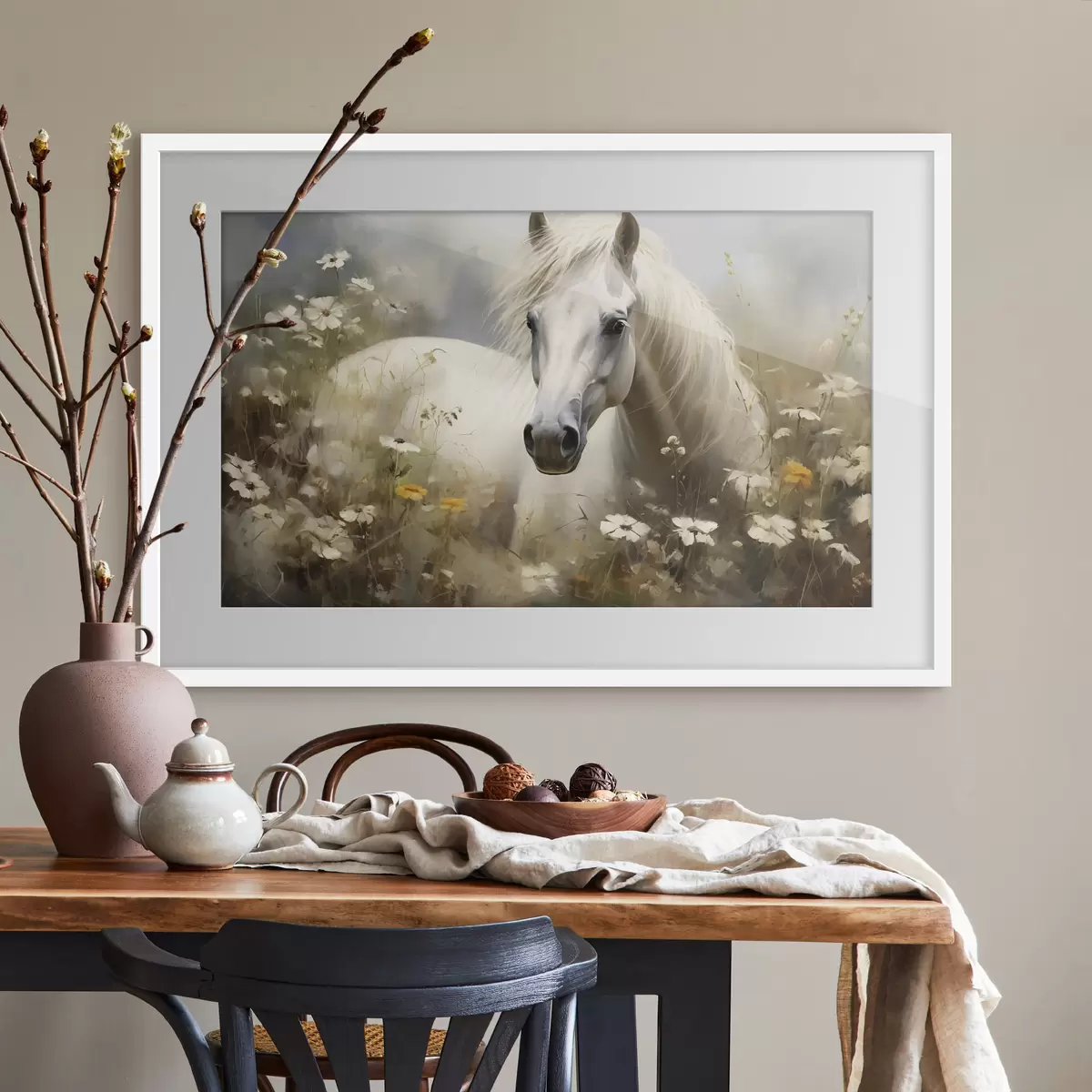 Poster Weißes Pferd im Gras zwischen Gänseblümchen f40533